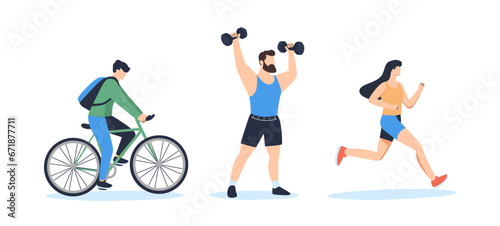 Vector isolated illustration set of sport and leisure people. Cycling experiences, Adventure sport motorsport, outdoor