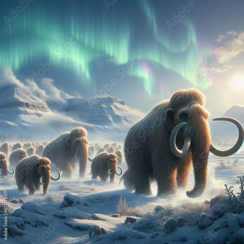 herd of mammoth walking on the ice photo