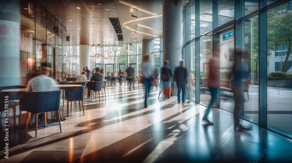 People walking in a modern office building, motion blur, business background