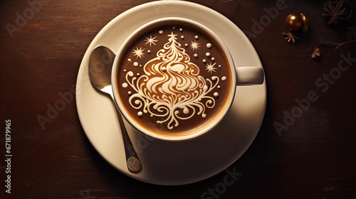 Cup of cappuccino with christmas tree drawn with cocoa on a brown table. Christmas time