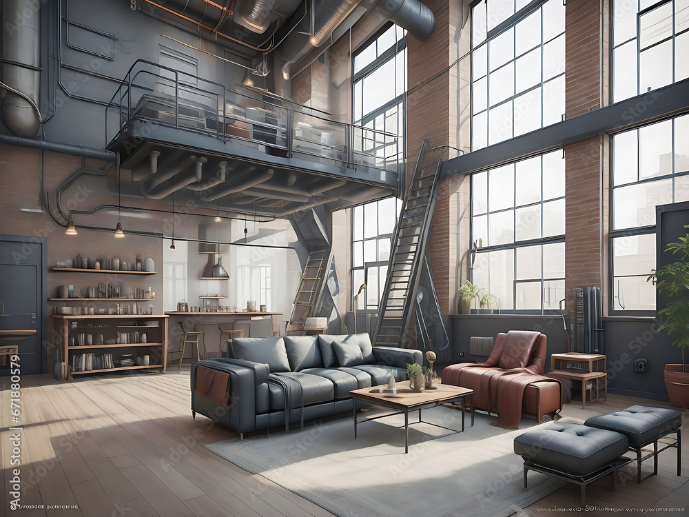 Living room interior in loft industrial style Living room interior in loft industrial style
