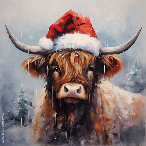Highland Cow Wearing Santa Hat Christmas Wall Art Printable