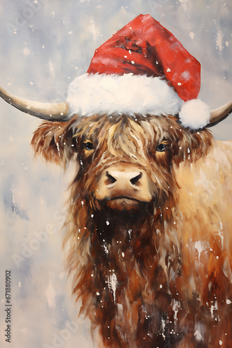 Highland Cow Wearing Santa Hat Christmas Wall Art Printable