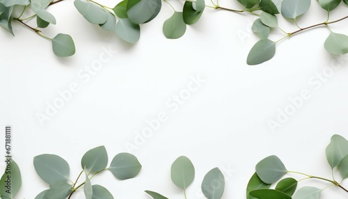 Top view tree branches with green leaves at the edges on a concrete table. Old white and gray concrete background and advertising board, poster mockup for design. Flat lay with copy space