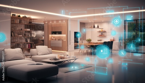 Smart house concept. Internet of Things Concept. Smart home dashboard interface control devices and set up automations. Futuristic virtual technology screen