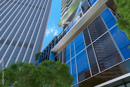 Bottom view of modern skyscrapers in business district  Business vision concept. 3D render