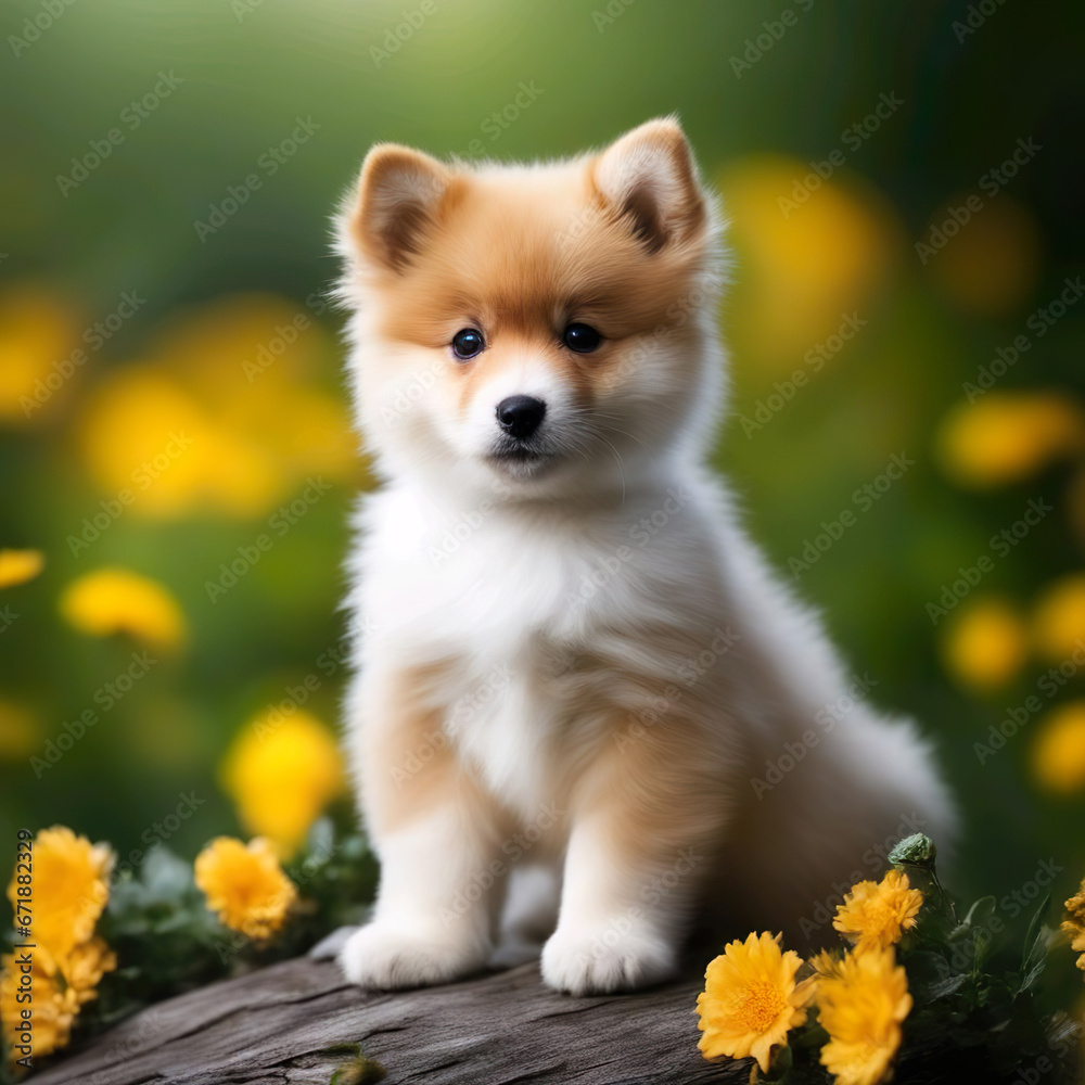 Retrato perrito marrón claro y blanco sentado en un campo con flores amarillas Retrato perrito marrón claro y blanco sentado en un campo con flores amarillas