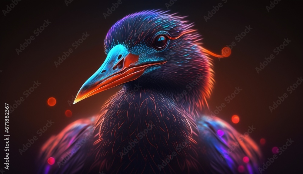 Fototapeta premium Beautiful coots bird face realistic impressive neon light Ai generated art