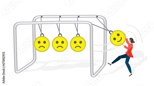 Woman, girl at Newtons cradle, put away the bored faces with one happy. Isolated. Vector illustration.