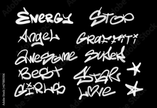 Collection of graffiti street art tags with words and symbols in white color on black background