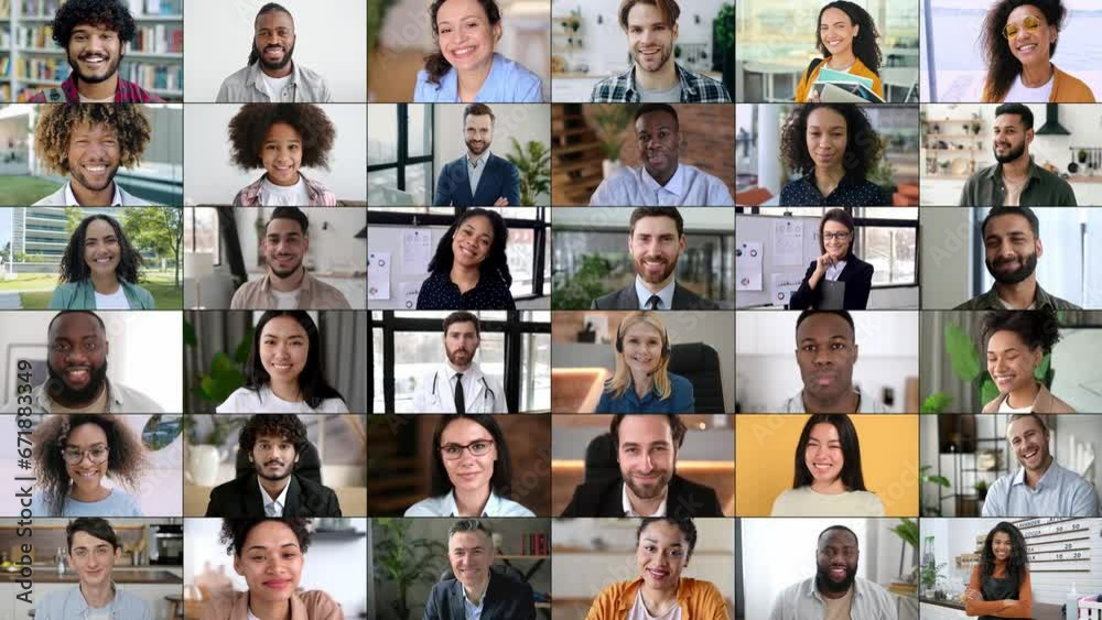 Video collage a lot of positive multiracial people looking at camera. Many smiling multiethnic faces of with different ages. Business corporate, successful coworkers, ordinary happy people