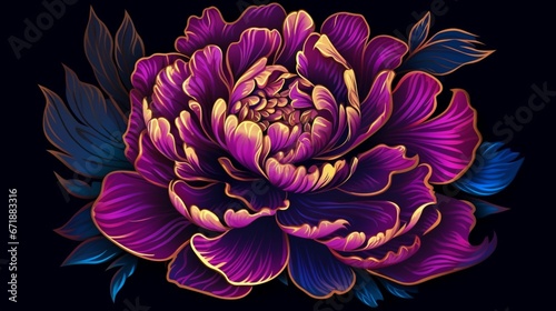 Beautiful elegant vector magenta peony flowers black background AI generated art photo