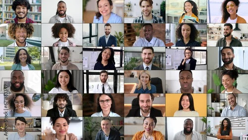 Video collage a lot of positive multiracial people looking at camera. Many smiling multiethnic faces of with different ages. Business corporate, successful coworkers, ordinary happy people