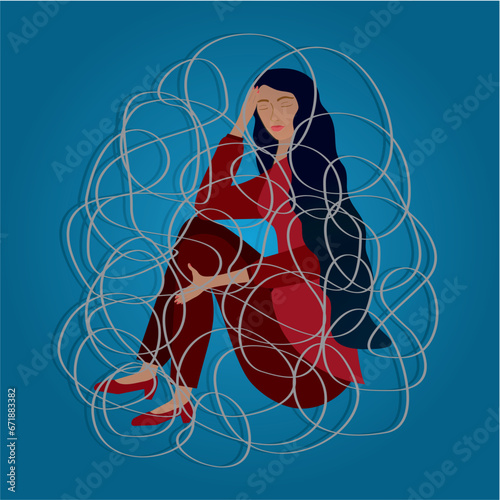 Sad troubled woman. She is sitting with messy lines around her. Depression and problems. Square composition. Vector illustration. photo