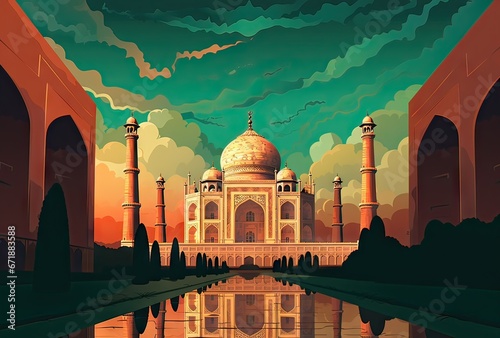 illustration of the taj mahal with complementary colors, the blue and the orange. photo