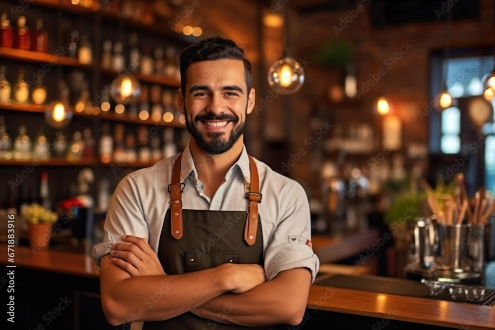 Fototapeta premium Bartender smiling at camera, blurred bar background
