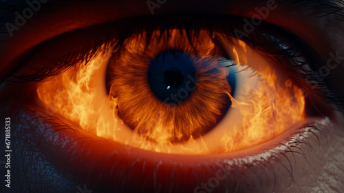 abstract, Intense and fiery eye close-up, conveying strong emotion. © wetzkaz