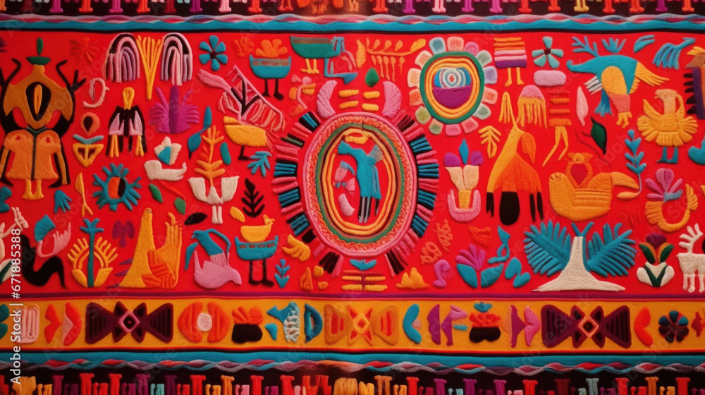Closeup of a brightly colored Peruvian tapestry, featuring traditional Andean designs and symbols. - obrazy, fototapety, plakaty 