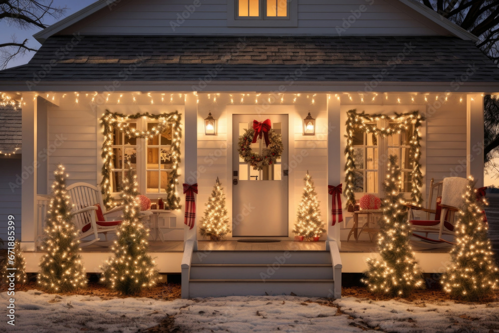 A festive front porch of a farmhouse, with strings of oversized white lights dd across the roof and a wooden welcome sign that reads Merry Christmas. A festive front porch of a farmhouse, with strings of oversized white lights dd across the roof and a wooden welcome sign that reads Merry Christmas.
