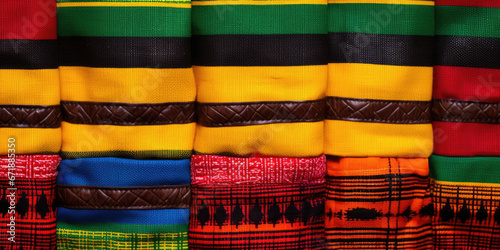 Closeup of a set of Ghanaian kente cloth, known for its vibrant and intricate patterns, used as a traditional fabric for clothing and home decor. photo