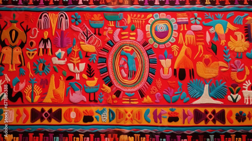 Closeup of a brightly colored Peruvian tapestry, featuring traditional Andean designs and symbols. photo