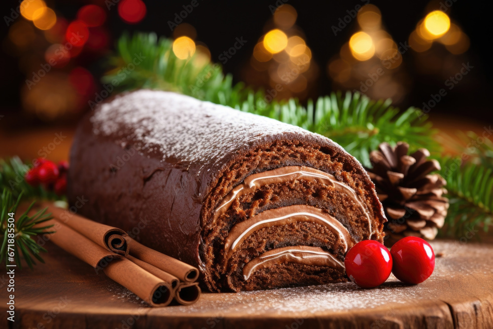 Closeup of a slice of Buche de Noel, a chocolate sponge cake rolled and decorated to look like a yule log, typically enjoyed as a Christmas dessert in France and other European countries. - obrazy, fototapety, plakaty 