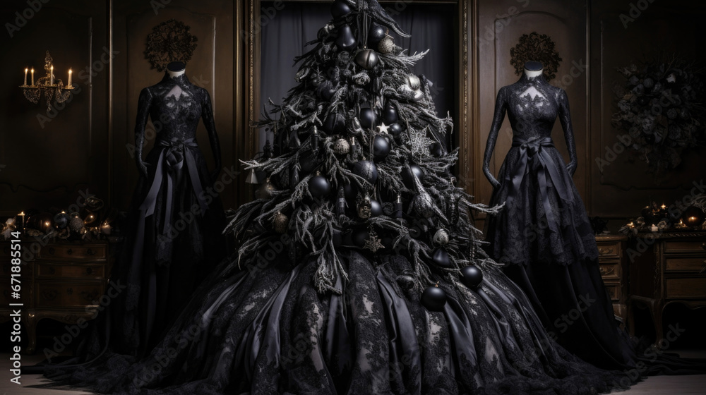 Naklejka premium The Christmas tree is decked out in black lace and ribbon, with hauntingly beautiful ornaments of ravens, bats, and creepy dolls. A black veil cascades down one side, adding to the eerie