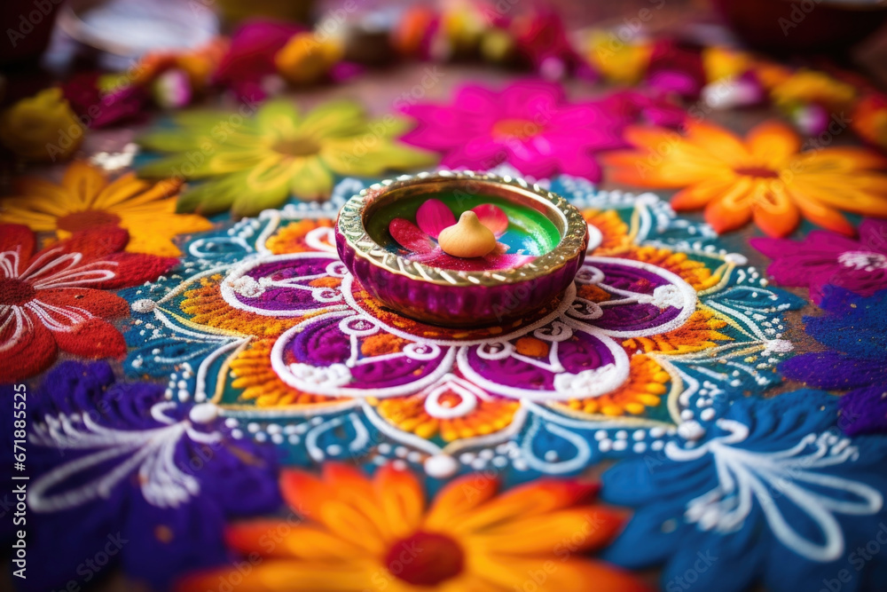 Closeup of a vibrant and intricately designed Rangoli, a traditional art form from India, made with colored powders and flowers. This Rangoli is specifically made for Christmas celebrations,