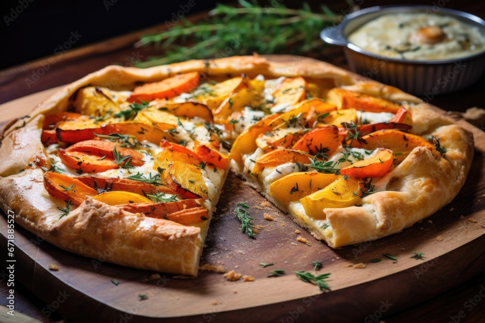 Closeup of a rustic galette, made with a flaky pie crust and filled with a mixture of roasted root vegetables, herbs, and cheese.