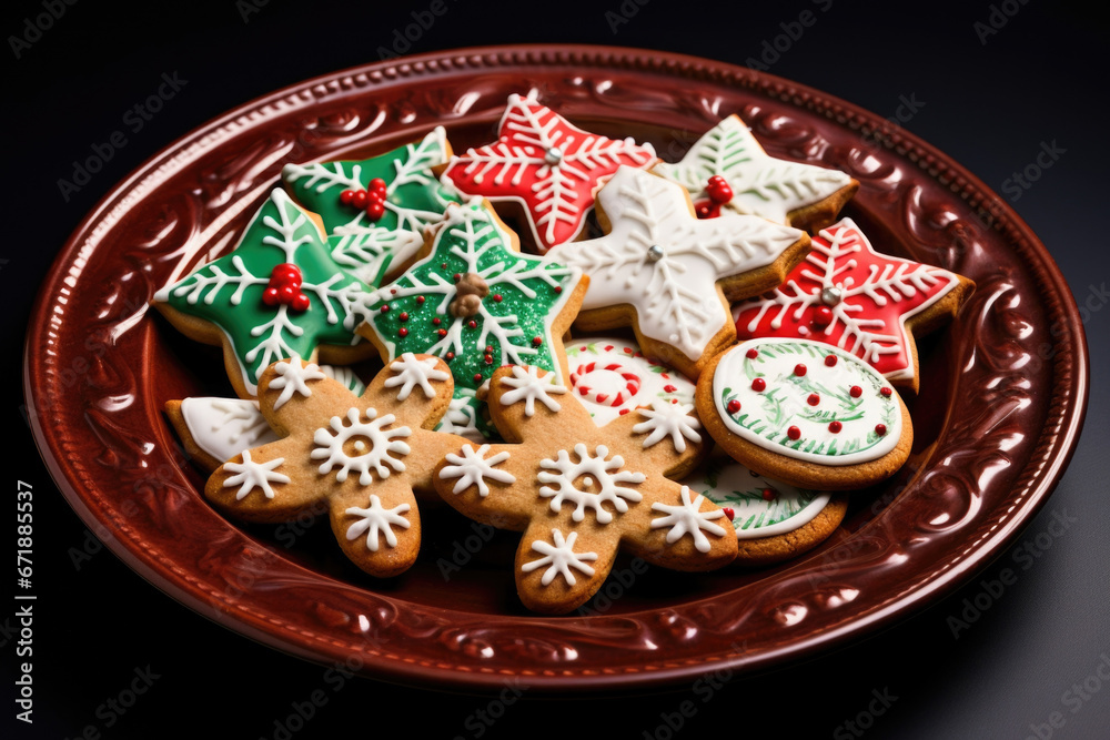 A plate of festive holiday cookies, including classic sugar cookies, gingerbread men, and intricately decorated holly leaf designs.