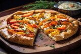 Closeup of a rustic galette, made with a flaky pie crust and filled with a mixture of roasted root vegetables, herbs, and cheese.