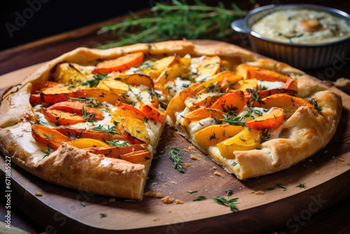 Closeup of a rustic galette, made with a flaky pie crust and filled with a mixture of roasted root vegetables, herbs, and cheese.