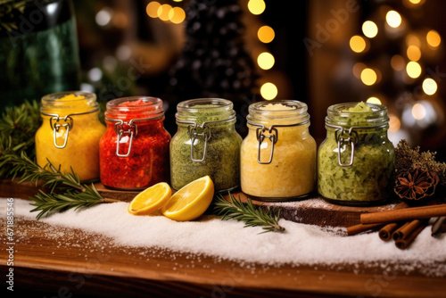 A variety of flad salts, including mango chili, rosemary lemon, and garlic herb, displayed in small jars. These unique salts add a burst of flavor to any dish. photo