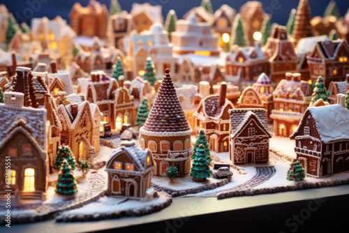 Closeup of a gingerbread village featuring historical landmarks and futuristic buildings, showing how different eras have shaped our concept of home and community.