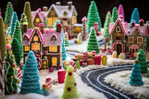 Surrounding the mansion is a colorful and festive gingerbread village, complete with smaller houses, trees, and even a gingerbread sleigh. © Justlight
