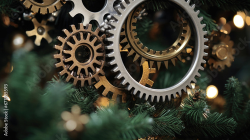 Closeup of a wreath made from various gears and cogs, symbolizing the fusion of ancient and modern technology.