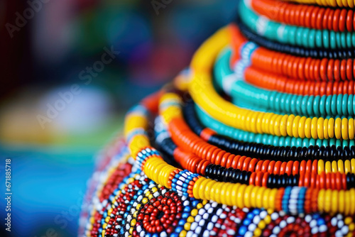 Closeup of a traditional South African beaded necklace, crafted by the Zulu people and featuring intricate geometric patterns and bright colors.
