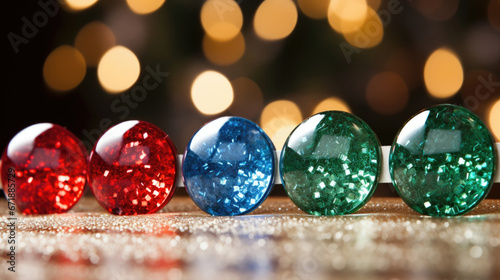 Closeup of a row of sparkling rhinestones meticulously p on a handdecorated holiday greeting card. photo