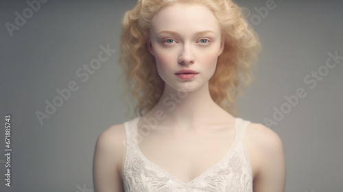 Young blonde woman in white lace dress gazes contemplatively in dimly lit room, evoking a mood of introspection and vulnerability.
