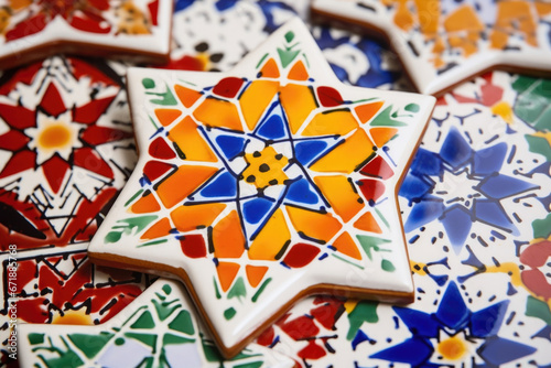 Closeup of a set of Moroccan handpainted ceramic tiles, featuring vibrant colors and geometric patterns, used to decorate homes and buildings. © Justlight
