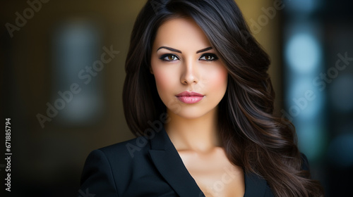 Beautiful woman with dark hair and prominent nose exudes confidence and sophistication in a professional black suit, with an office backdrop, evoking a successful career woman.