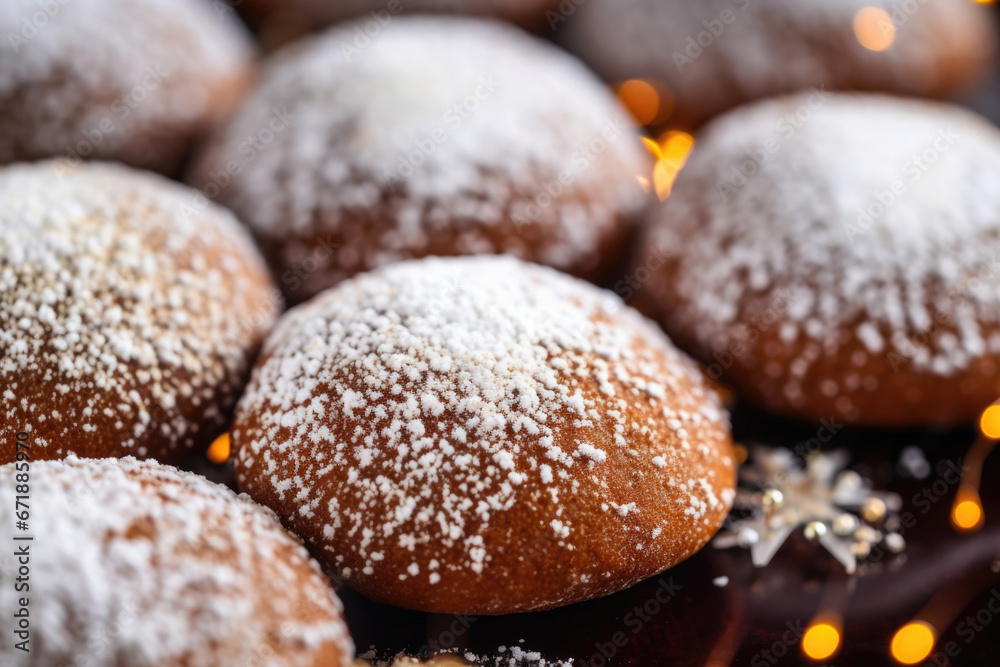 Closeup of goldenbrown gingerbread cookies, dusted with powdery snowwhite sugar crystals. Closeup of goldenbrown gingerbread cookies, dusted with powdery snowwhite sugar crystals.