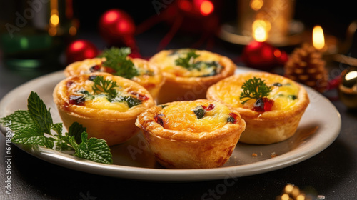 A tray of mini quiches, each with a unique filling such as spinach and feta or bacon and cheddar, served with a side of homemade cranberryorange relish.
