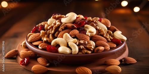 A plate of assorted nuts, showcasing their rich and varied textures, from crunchy almonds to ery cashews to velvety walnuts. photo