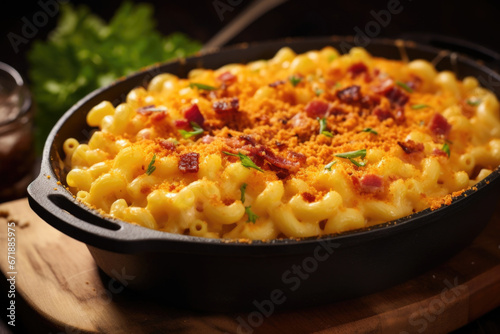 Closeup of a pan of bubbling hot mac and cheese, baked to perfection with a crispy breadcrumb topping and bits of bacon mixed in.