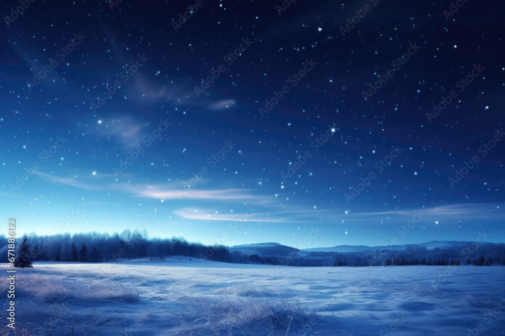 Panoramic view of a snowcovered landscape at night, with stars shining bright in the clear sky, as astronomers use telescopes to capture and study the Christmas Star phenomenon.