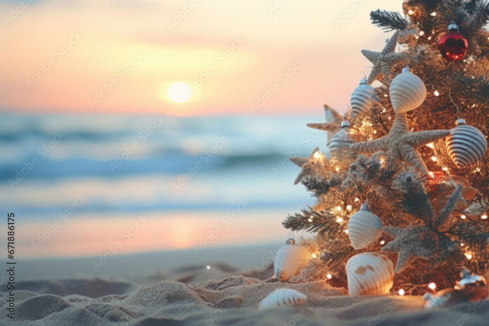 Closeup of a beautifully decorated Christmas tree with ling lights and seashell ornaments, standing on a sandy beach with crashing waves in the background. - obrazy, fototapety, plakaty 