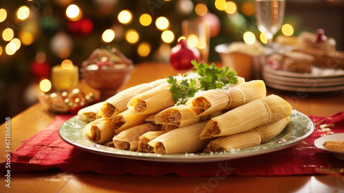 A platter of tamales, a traditional Mexican dish made of corn dough filled with meats or vegetables and served during Christmas celebrations.