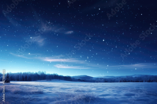 Panoramic view of a snowcovered landscape at night, with stars shining bright in the clear sky, as astronomers use telescopes to capture and study the Christmas Star phenomenon.