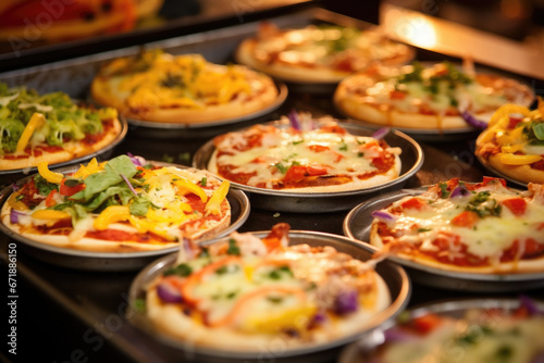 Closeup of a pan of mini pizzas, topped with a variety of toppings that kids can choose and arrange themselves. © Justlight